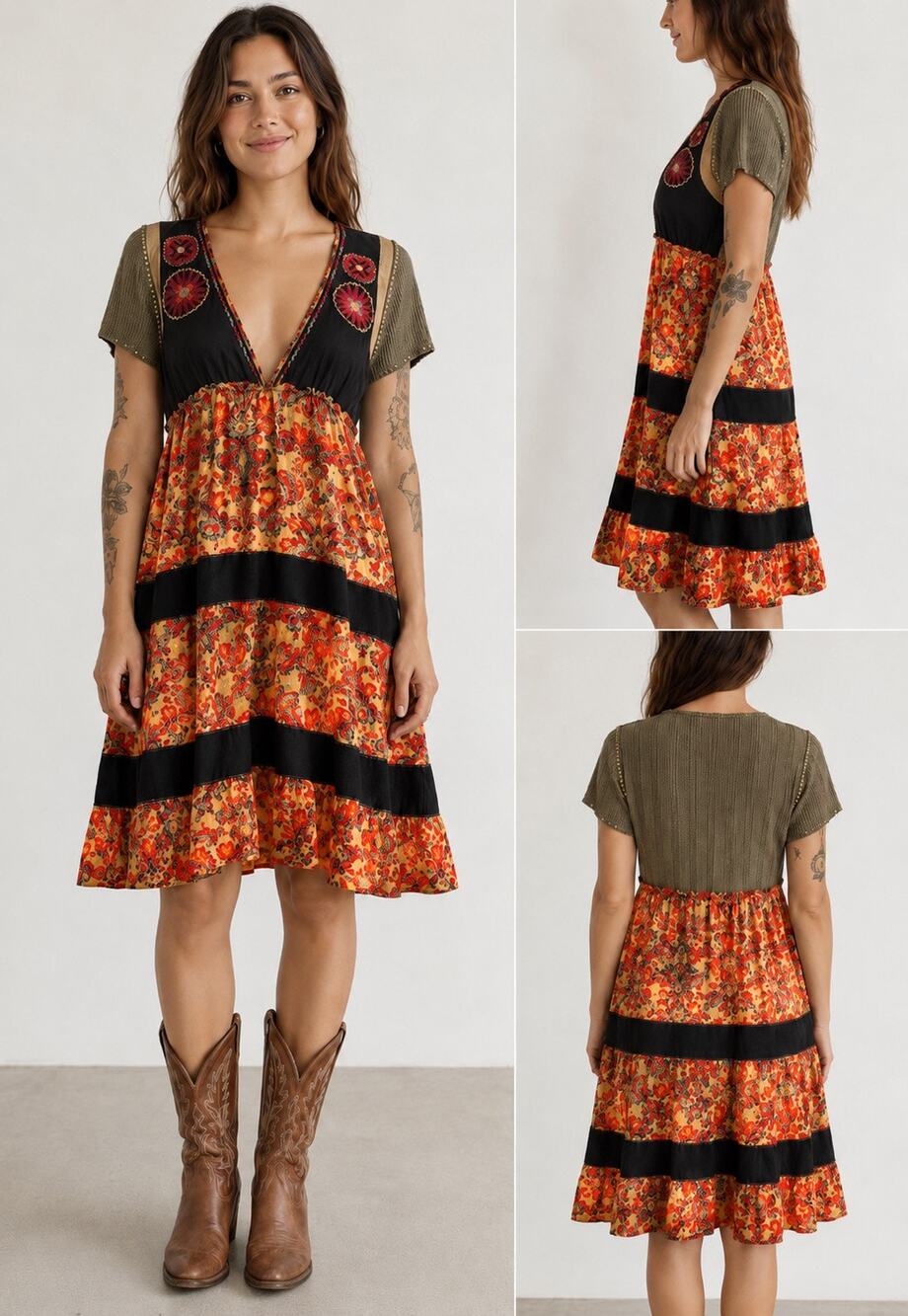 Free People Boho Embroidered Paisley Babydoll Dress Size4 Deep VNeck Cottagecore